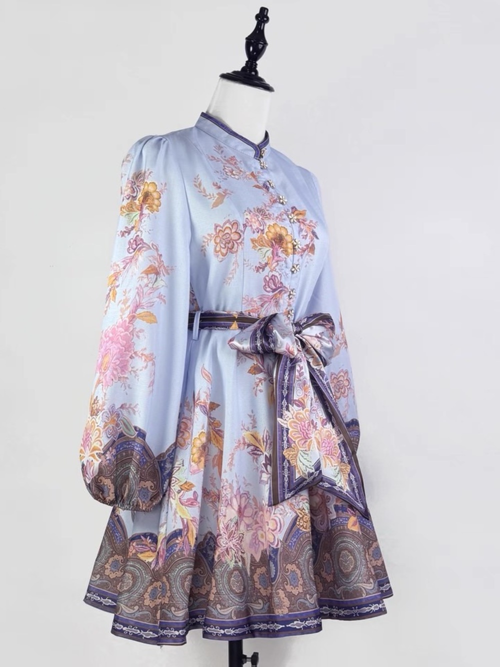 Light Blue Floral Fit-and-Flare Dress with Sash